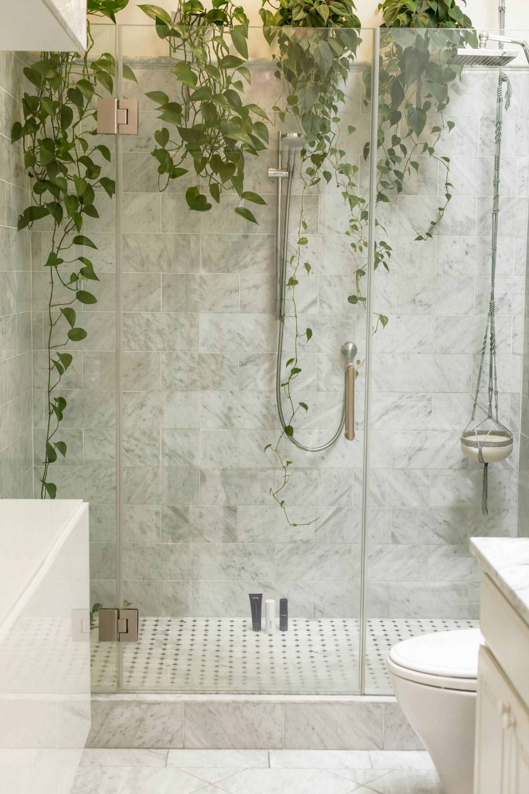 Douche entièrement rénovée avec des couleurs marbres et des plantes